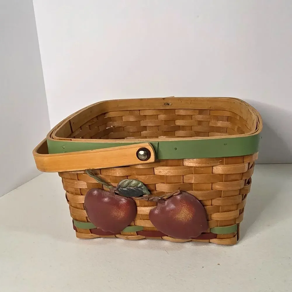 Woven Basket Apple Design Wooden Handle Farmhouse Decor